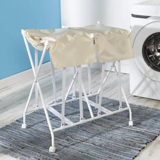 Honey Can Do White/Natural Double Bounce Back Hamper with Wheels and Lid {3}