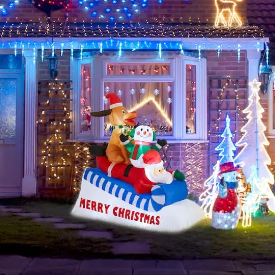 Glitzhome&reg; 6FT Lighted Inflatable Skiing Santa, Snowman & Dog {5}