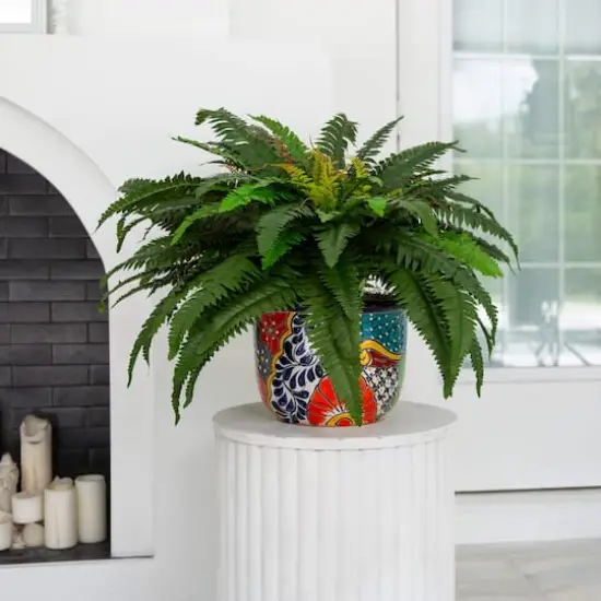 3.5ft Artificial Double Boston Fern in Handmade Mexican Talavera Ceramic Planter {3}
