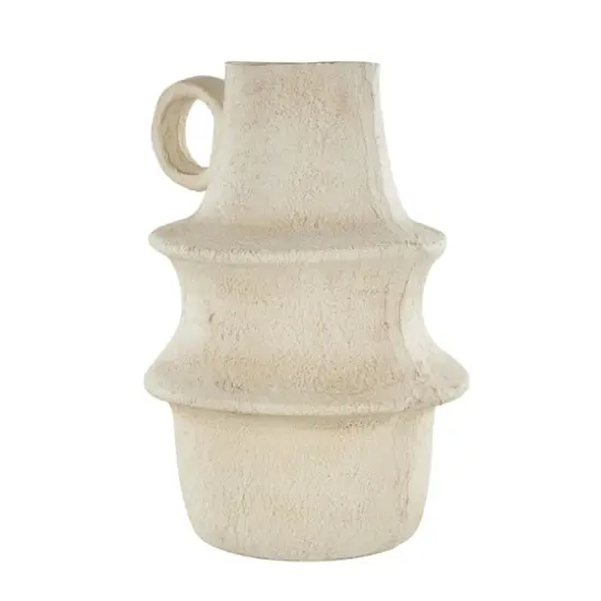 15.25" Cream Textured Paper Mache Fluted Vase with Ring Handle {4}