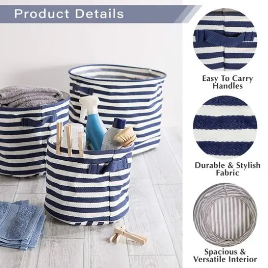 DII&reg; 20" French Blue & White Striped Round PE-Coated Herringbone Cotton Laundry Hamper {4}