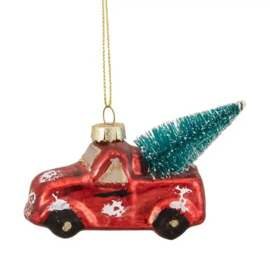 4" Red Metallic Truck with a Sisal Tree Glass Christmas Ornament {6}