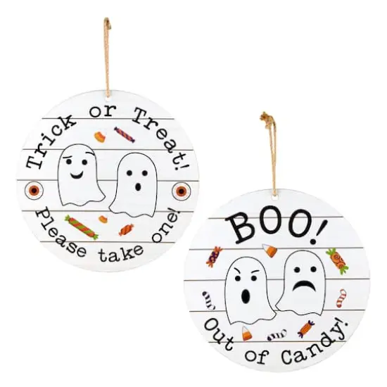 12" White Hanging Double-Sided Trick or Treat/Out of Candy Round Plank Sign {1}