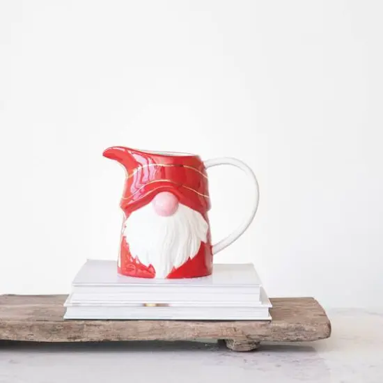 Hello Honey&reg; 1qt. Red & White Ceramic Gnome Pitcher with Gold Electroplating {3}