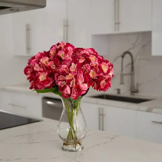 20" Pink Artificial Hydrangea Arrangement in Glass Vase {3}