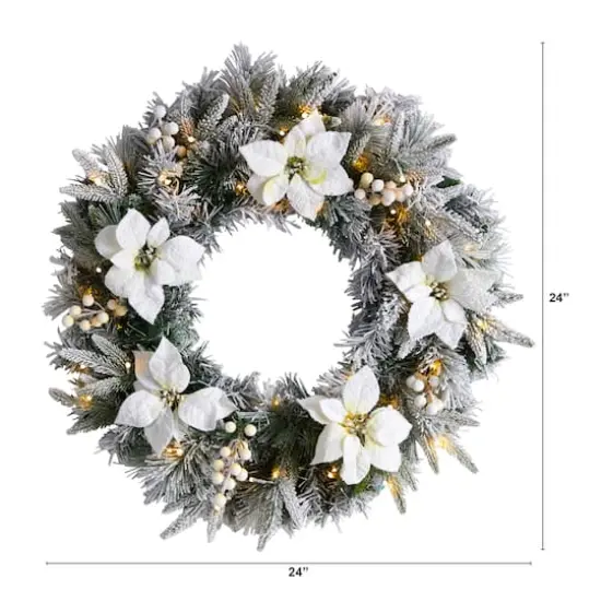24" White LED Lights Flocked Poinsettia & Pine Artificial Christmas Wreath {3}