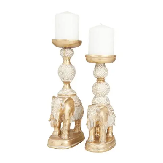 Set of 2 Gold Polystone Traditional Candle Holders, 13" x 6" x 4" {1}