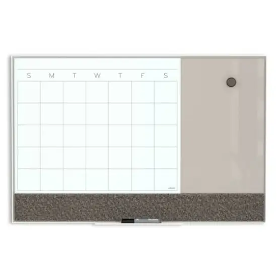 U Brands 3-in-1 White Aluminum Framed White and Gray Magnetic Glass Monthly Calendar Dry-Erase Board, 36" x 24" {1}