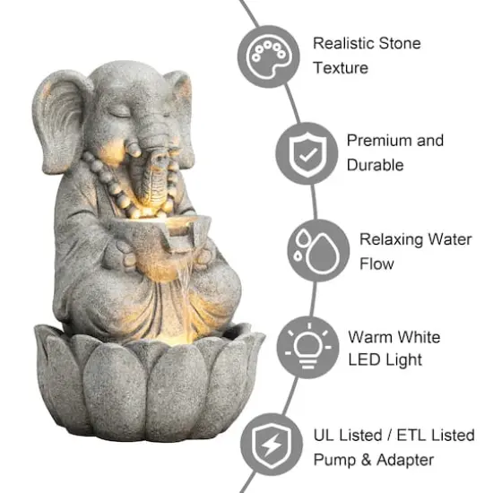 Glitzhome® 21.75" Zen-Style LED 2-Tier Elephant Outdoor Fountain {4}