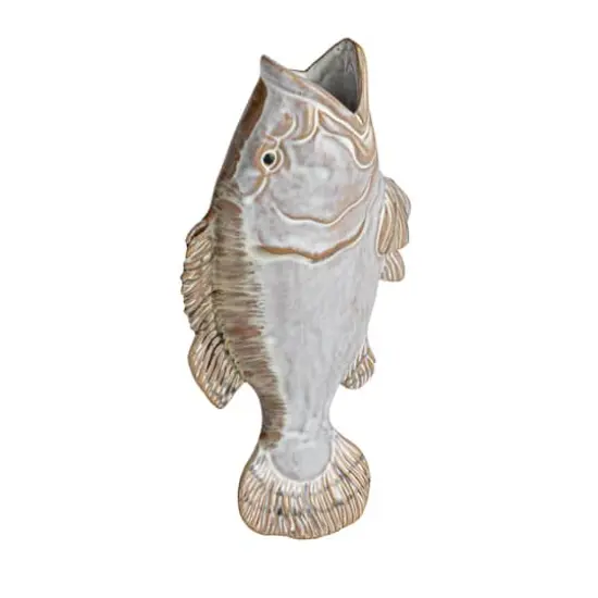 Hello Honey&reg; 11.75" White & Tan Reactive Glaze Stoneware Fish Shaped Wall Vase {1}