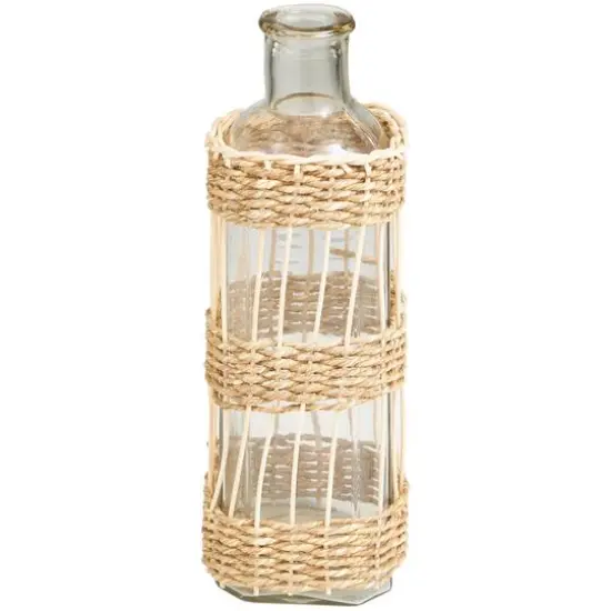 15" Clear Glass Handmade Vase with Light Brown Rattan Woven Body {1}