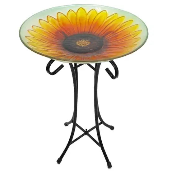 20.5" Orange & Yellow Sunflower Glass Bird Bath {5}