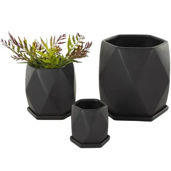Black Faceted Ceramic Planter Set {1}