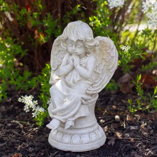 9" Ivory Praying Angel on Pedestal Outdoor Garden Statue {3}