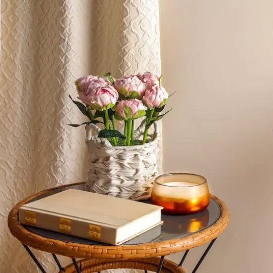 10" Peony Flower Bouquet In White Basket Pink {4}