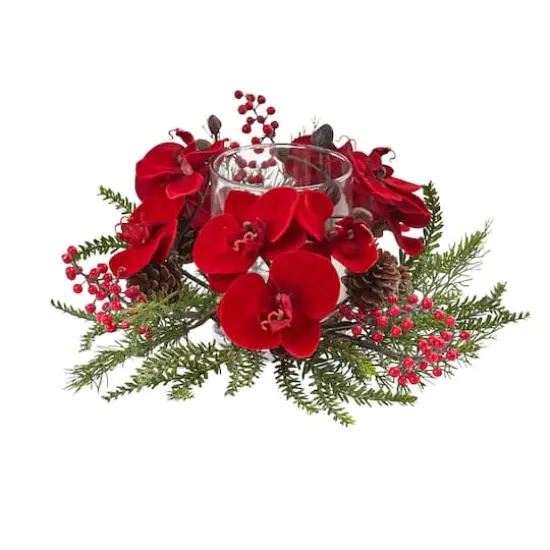 6" Red Orchid, Berry & Pine Holiday Candelabrum {1}