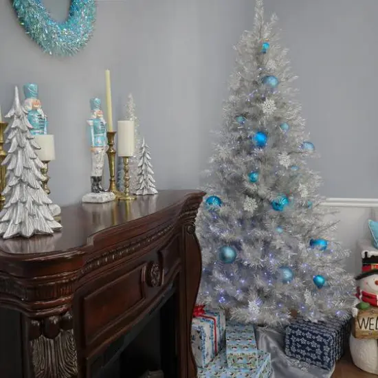 7.5ft. Pre-Lit Crystal Silver Metallic Artificial Christmas Tree, Multicolor LED Lights {6}