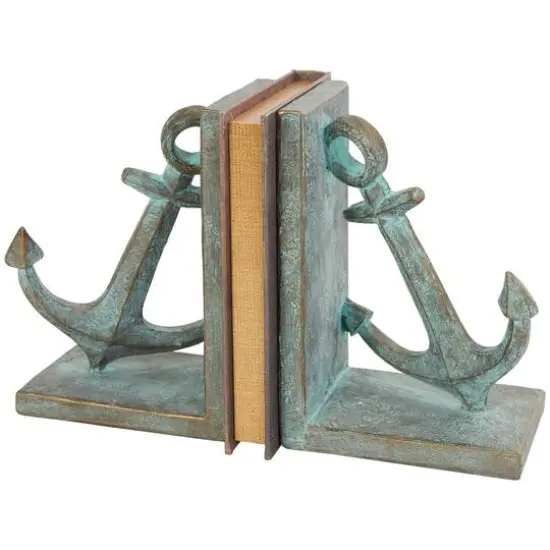8.5" Blue Polystone Anchor Distressed Patina Bookends with Gold Foil Accents Set {9}
