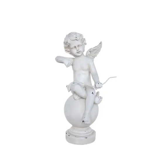 21" Distressed Ivory Cherub Angel with Bow on Spherical Pillar Outdoor Statue {1}