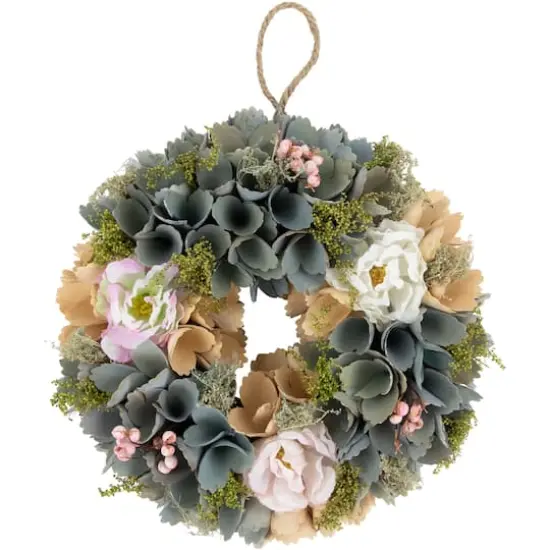 10" Tan & Blue Wooden Floral Wreath {1}