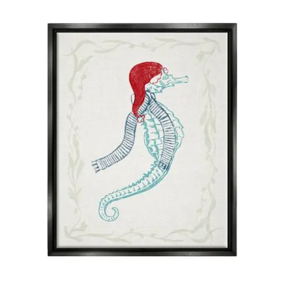 Stupell Industries Coastal Christmas Seahorse Santa Framed Floater Canvas Wall Art Black {1}