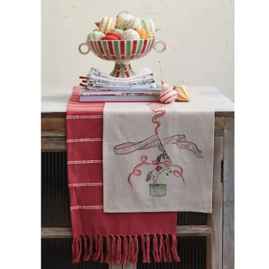 Hello Honey&reg; 72" Multicolor Cotton Chambray Printed Table Runner with Carousel Horse & Ribbon Design {3}