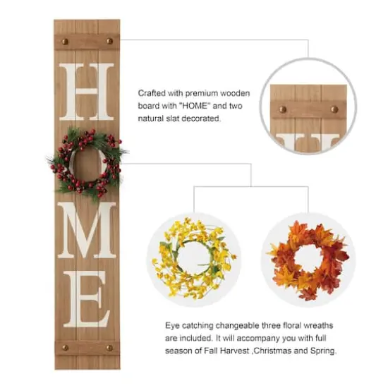 Glitzhome 42"H Wooden Brown "HOME" Porch Sign with 3 Changable Wreaths {4}