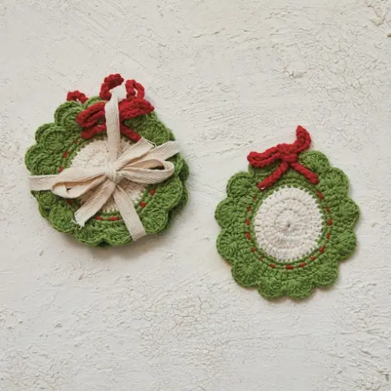 Hello Honey&reg; 4" Green, Red & White Wreath Crocheted Cotton Coasters, 4ct. {3}
