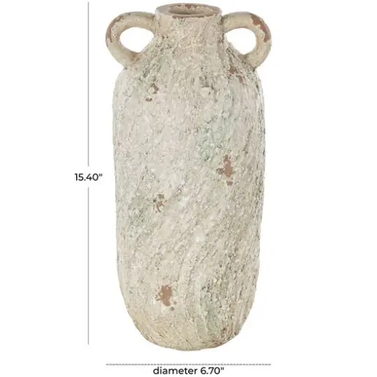 15.5" Cream Magnesium Oxide Antique Textured Amphora Decorative Vase with 2 Small Handles {6}