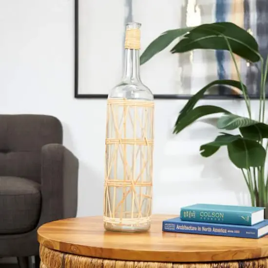 27" Clear Glass Handmade Tall Vase with Light Brown Rattan Woven Body & Neck {7}