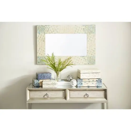 36" Cream & Aqua Coastal Mother Of Pearl Wall Mirror {8}