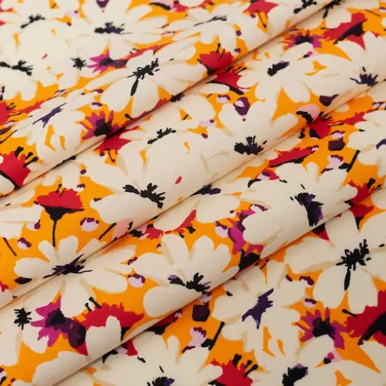 SINGER White Flowers on Orange Cotton Fabric {3}
