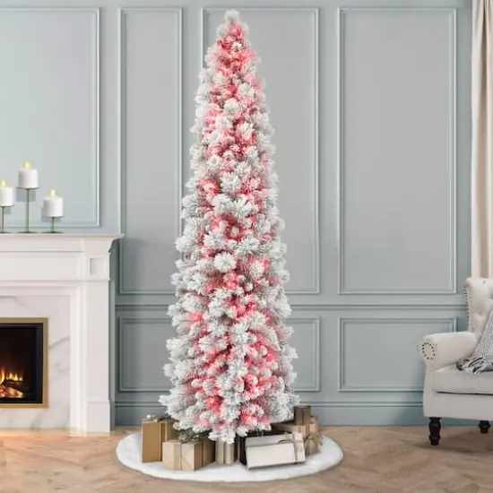 7.5ft. Pre-Lit Flocked Portland Pine Artificial Pencil Christmas Tree, Pink Lights {3}