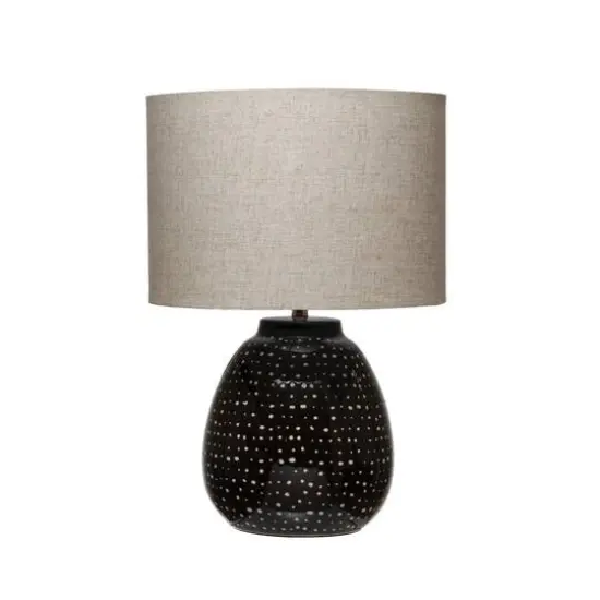 Hello Honey® 22" Black and White Dotted Stoneware Table Lamp with Linen Shade {3}