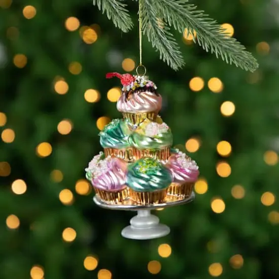 Pink & Blue Cupcake Tower Glass Christmas Ornament {3}