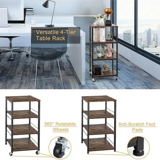 Rustic Brown 4-Tier Utility Cart Rolling Kitchen Storage Cart Wood Top {5}