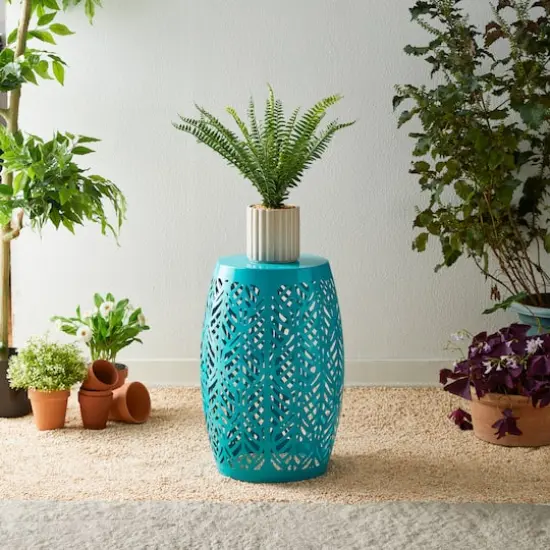 Glitzhome&reg; 18.25" Multifunctional Solar Powdered Iron Leaf Cutout Garden Stool Blue {4}