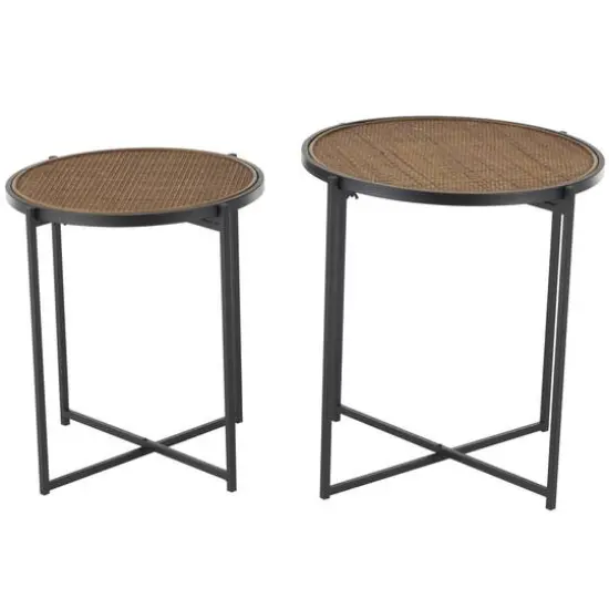 Black Metal & Woven Rattan Accent Table Set {1}
