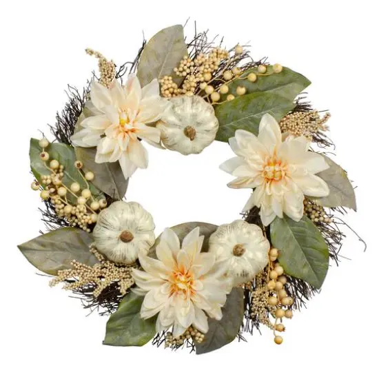 22" Dahlia & Pumpkin Fall Floral Wreath {1}