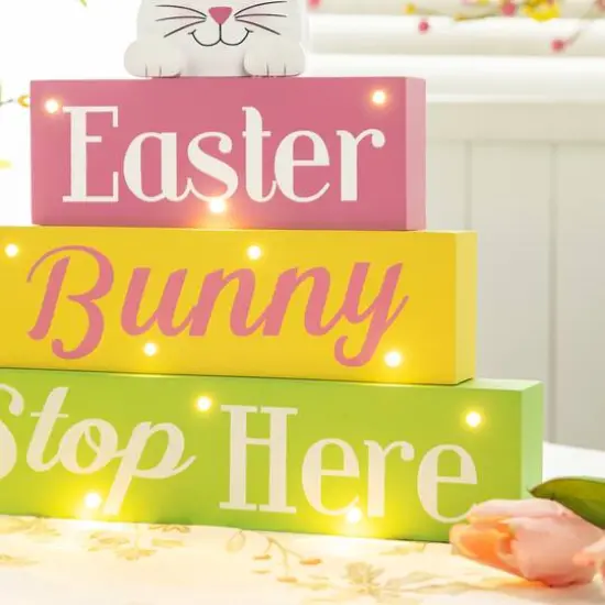 Glitzhome&reg; 12" Easter LED Lighted Wooden Bunny Block Word Sign {6}