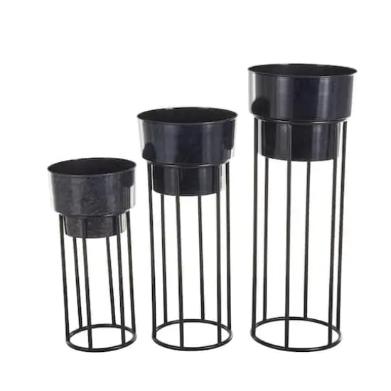 Black Metal Wash Textured Planter with Open Framed Black Caged Base Set {4}