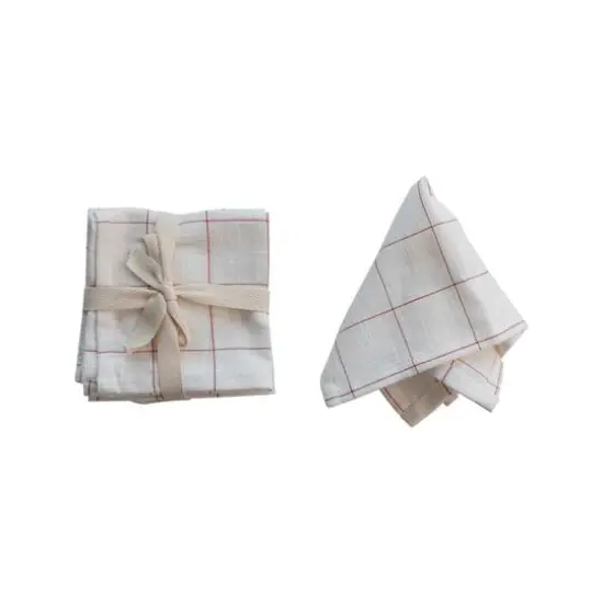 Hello Honey&reg; 10" Cream & Red Cotton Cocktail Napkins with Metallic Grid, 4ct. {4}