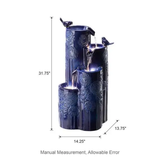 Glitzhome&reg; 31.75" Cobalt Blue 4-Tier Dandelion Texture Vase-Shaped Ceramic Outdoor Fountain with LED Light {9}