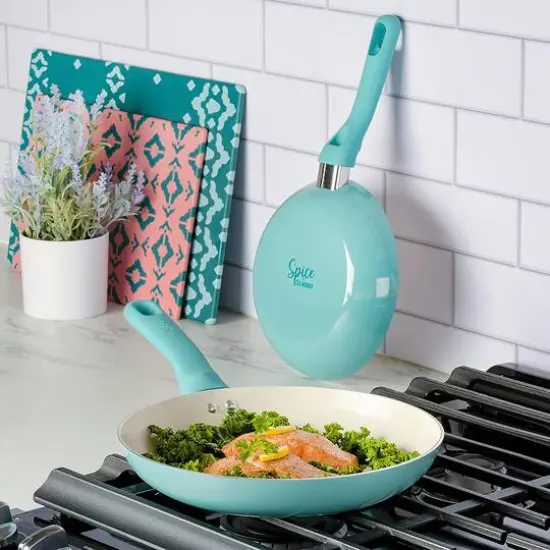 Spice by Tia Mowry Savory Saffron 2 Piece Ceramic Nonstick Aluminum Frying Pan Set Mint {7}