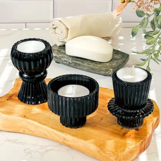 Kate Aspen&reg; Assorted Vintage Ribbed Black Glass Candlestick Candle Holder Set {5}