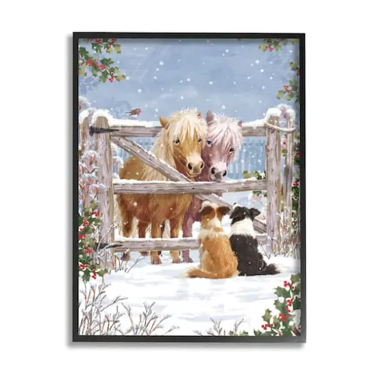 Stupell Industries Ponies & Dogs Winter Farm Scene Framed Giclee Art Black {1}