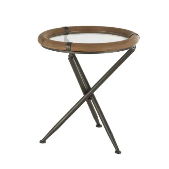 22.25" Brass Metal Round Accent Table with Wooden Framed Glass Tabletop {7}
