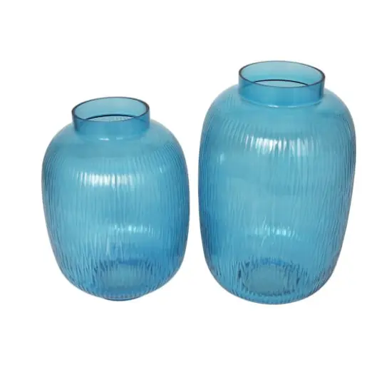Blue Glass Ribbed Vase Set {1}