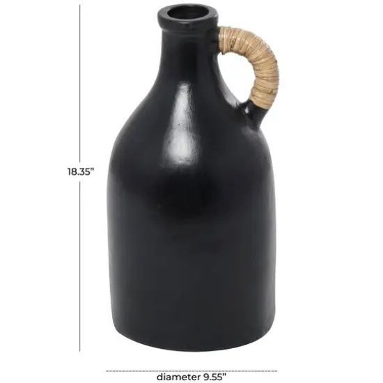 18" Black Ceramic Jug Inspired Vase with Rattan Wrapped Handle  {6}