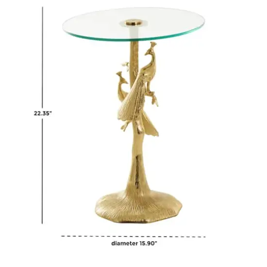 22.25" Gold Aluminum Peacock Textured Accent Table with Glass Tabletop {8}